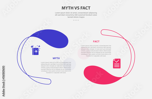 myth vs facts infographic outline style with 2 point comparison template with creative half circle opposite direction for slide presentation