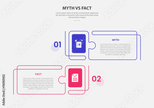 myth vs facts infographic outline style with 2 point comparison template with creative rectangle box with puzzle jigsaw style for slide presentation