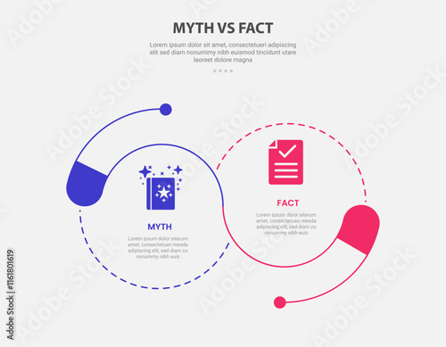 myth vs facts infographic outline style with 2 point comparison template with big circle combination with dotted line venn joined for slide presentation