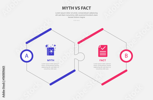 myth vs facts infographic outline style with 2 point comparison template with hexagonal shape puzzle jigsaw connection for slide presentation