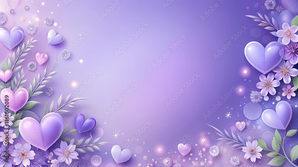 Wedding invitation background, deep Lavender gradient background with hearts and gentle floral decoration on side, without text Wedding invitation background, deep Lavender gradient background with hearts and gentle floral decoration on side, without text
