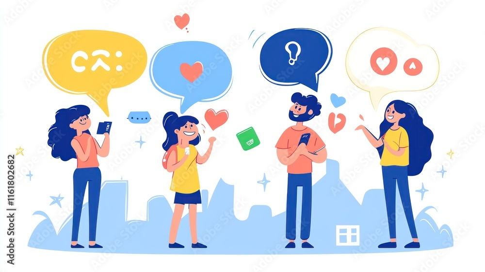 Four people interacting with speech bubbles, showcasing communication and connection through technology. Four people interacting with speech bubbles, showcasing communication and connection through technology.