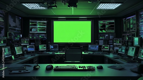 Dark control room with green screen monitor and many computers.