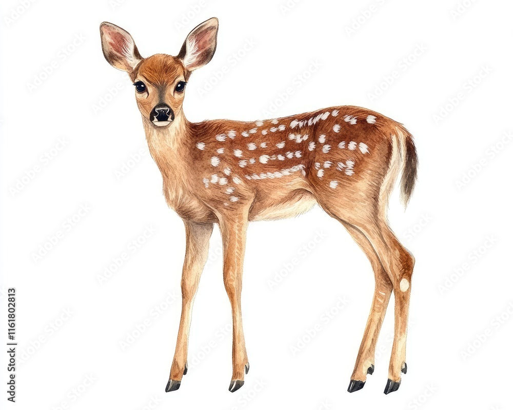 A realistic illustration of a young deer with spotted fur, standing gracefully. A realistic illustration of a young deer with spotted fur, standing gracefully.
