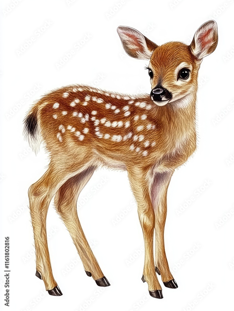 A realistic illustration of a young deer with spots, showcasing its delicate features. A realistic illustration of a young deer with spots, showcasing its delicate features.