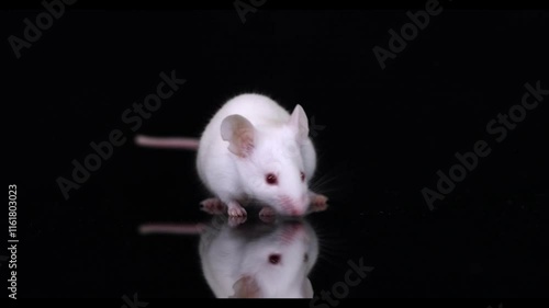Female lab mice play around glassware. 4K