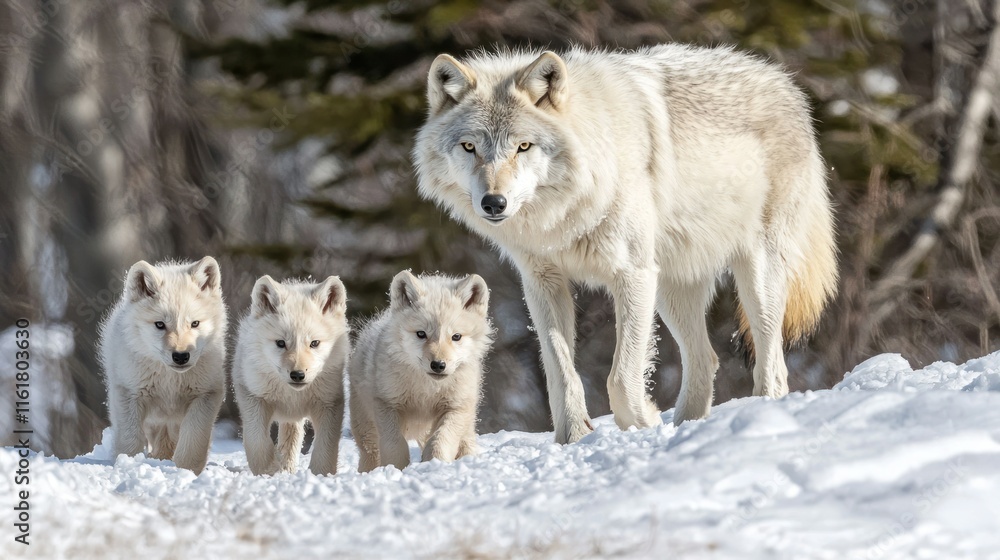 Obraz premium Arctic wolf mother with three pups walking in snowy landscape.