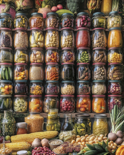 Colorful jars filled with preserved fruits and vegetables, showcasing vibrant display of nature bounty photo