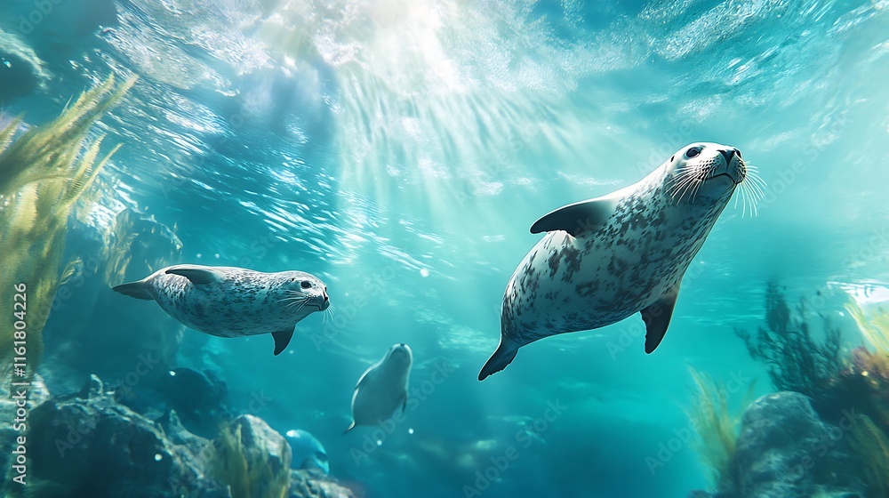 Fototapeta premium Underwater Grace: Harbor Seals in their Oceanic Realm