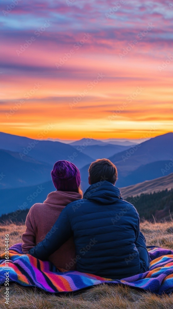 Loving duo resting on blanket during mountain sunrise, wrapped in warm embrace with vibrant skies creating perfect tranquil moment Loving duo resting on blanket during mountain sunrise, wrapped in warm embrace with vibrant skies creating perfect tranquil moment