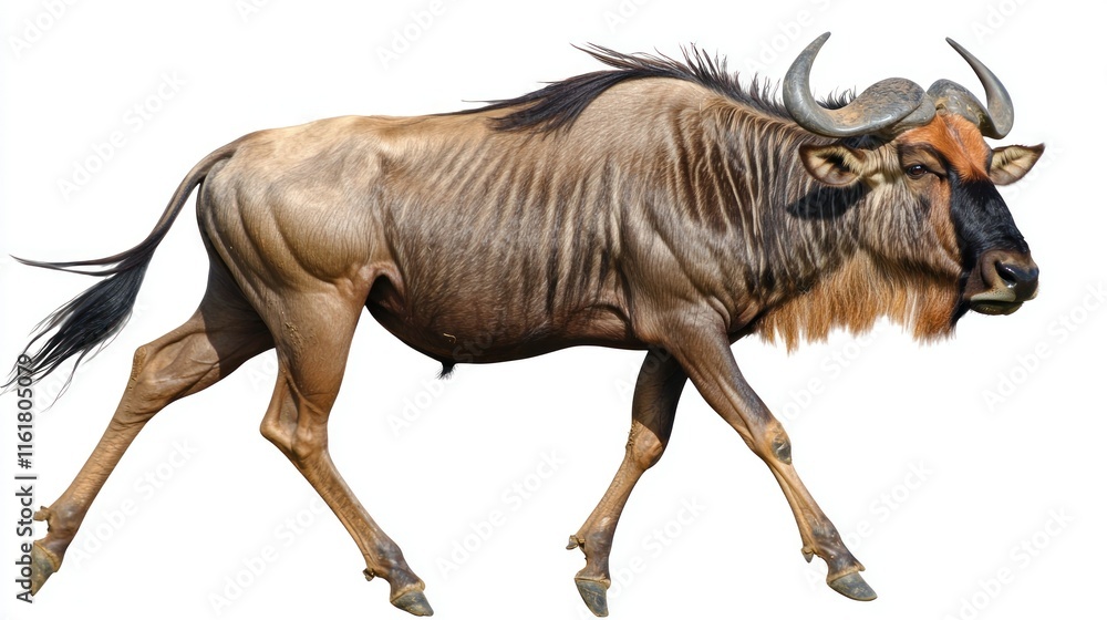 Fototapeta premium Blue wildebeest walking, isolated on white background.