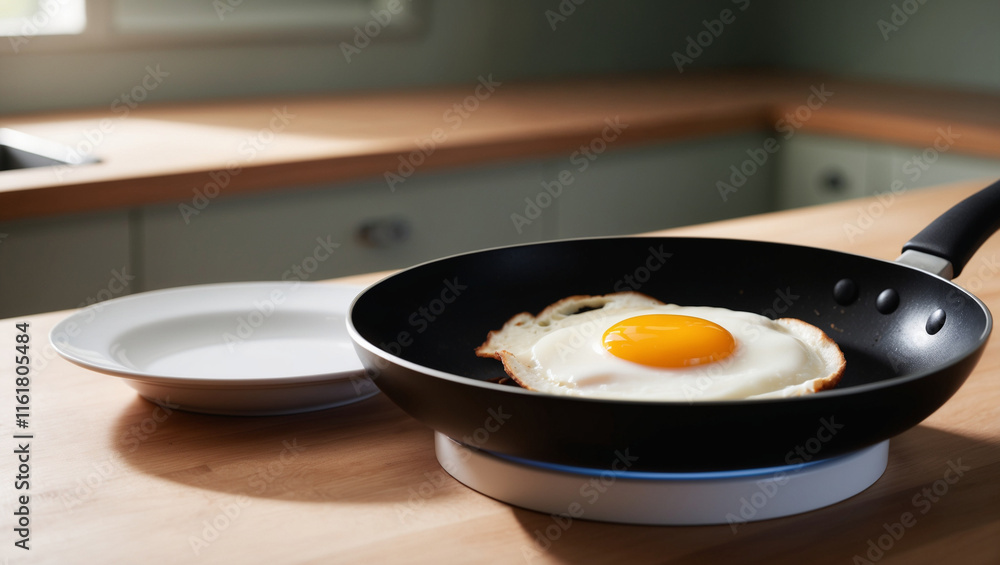 a black non stick frying pan, showcasing a vibrant sunny side up egg with a golden yolk and crisp white edges. a black non stick frying pan, showcasing a vibrant sunny side up egg with a golden yolk and crisp white edges.