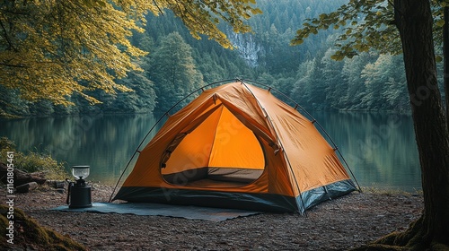 Illuminated orange tent pitched lakeside in a tranquil forest. photo