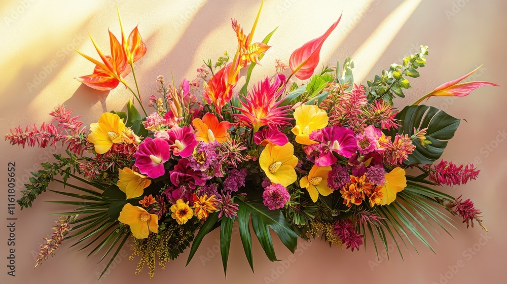 Obraz premium Fuchsia and yellow tropical flowers on taupe background with sunlight