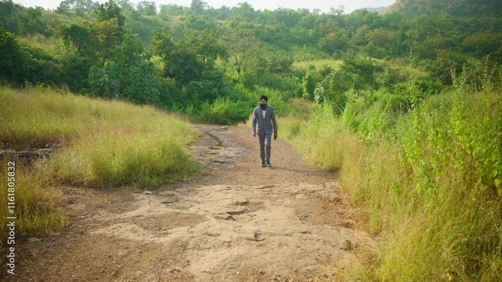 Singh walk through rural track side of lush field Singh walk through rural track side of lush field