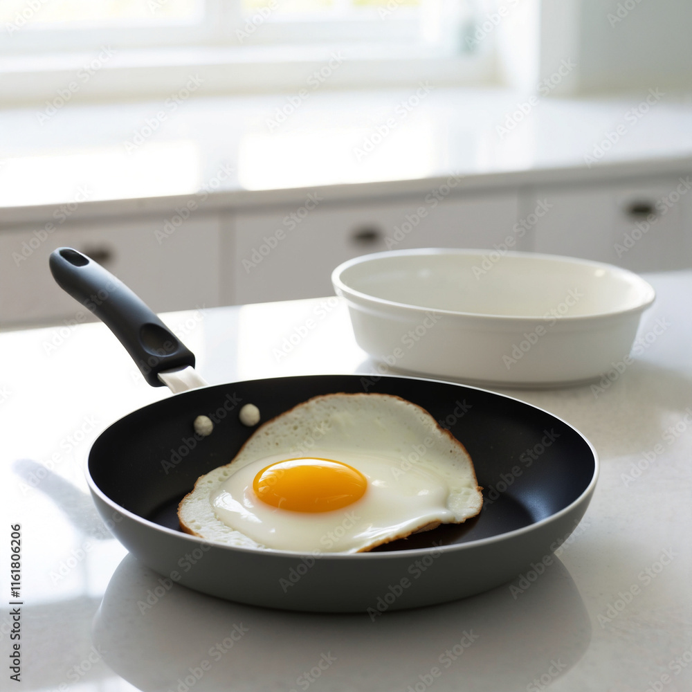 a black non stick frying pan, showcasing a vibrant sunny side up egg with a golden yolk and crisp white edges with a white plate placed nearby it. a black non stick frying pan, showcasing a vibrant sunny side up egg with a golden yolk and crisp white edges with a white plate placed nearby it.