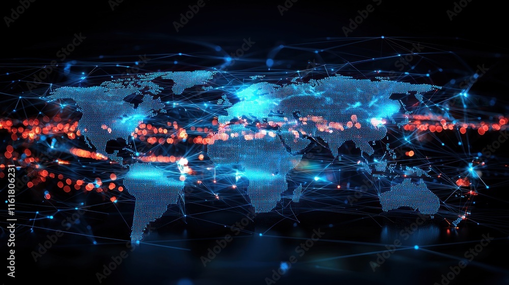 A global map with holographic tech innovations connecting different parts of the world.