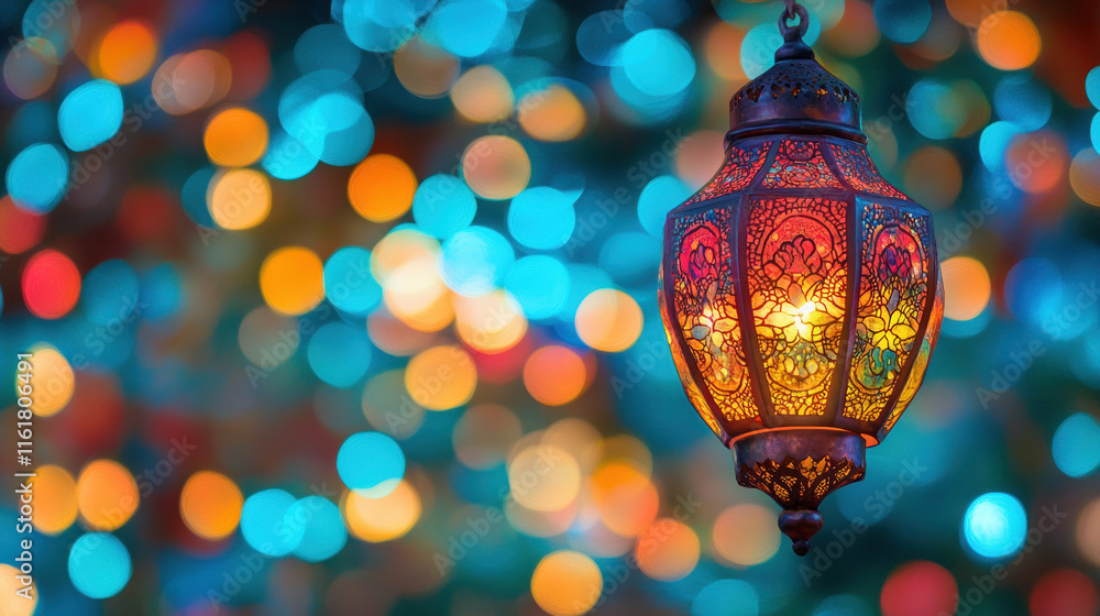 Ornate Lantern Hanging Against a Bokeh Background Ornate Lantern Hanging Against a Bokeh Background