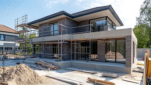 Modern house under construction with scaffolding and materials on site.