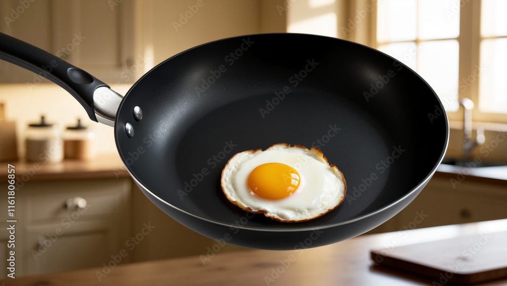 a black non stick frying pan, showcasing a vibrant sunny side up egg with a golden yolk and crisp white edges. a black non stick frying pan, showcasing a vibrant sunny side up egg with a golden yolk and crisp white edges.