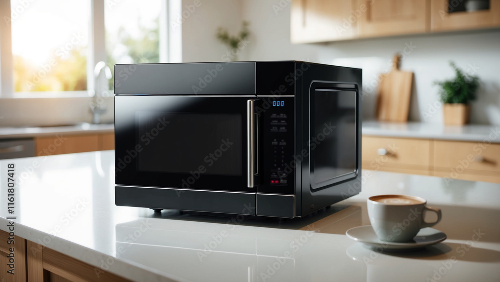 Fototapeta premium a stylish microwave oven with a matte black design and a glass door, set on a clean countertop. The surrounding kitchen is blurred, with hints of cabinets, a sink, and morning light.