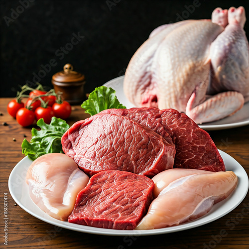 Raw meat assortment, beef, chicken, turkey in a plate. tasty delicious fresh raw meat in a plate on a wooden background.