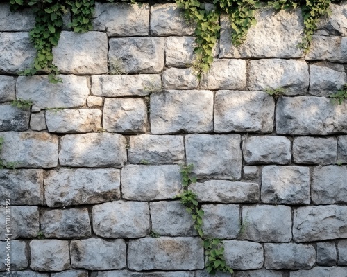 A textured stone wall with creeping green vines, showcasing natural growth against masonry. photo