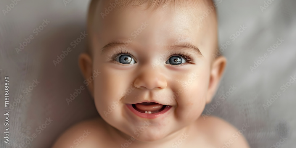 Close-up portrait of a happy Caucasian baby boy with a toothless grin and sparkling eyes Close-up portrait of a happy Caucasian baby boy with a toothless grin and sparkling eyes