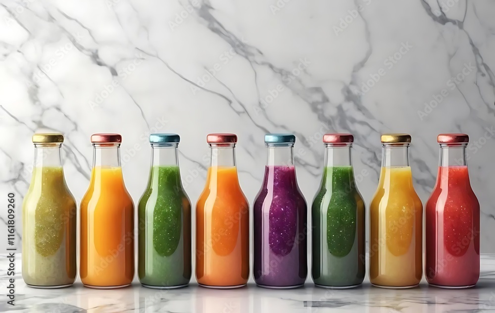 Colorful Smoothies in Glass Bottles Arranged on Marble Colorful Smoothies in Glass Bottles Arranged on Marble