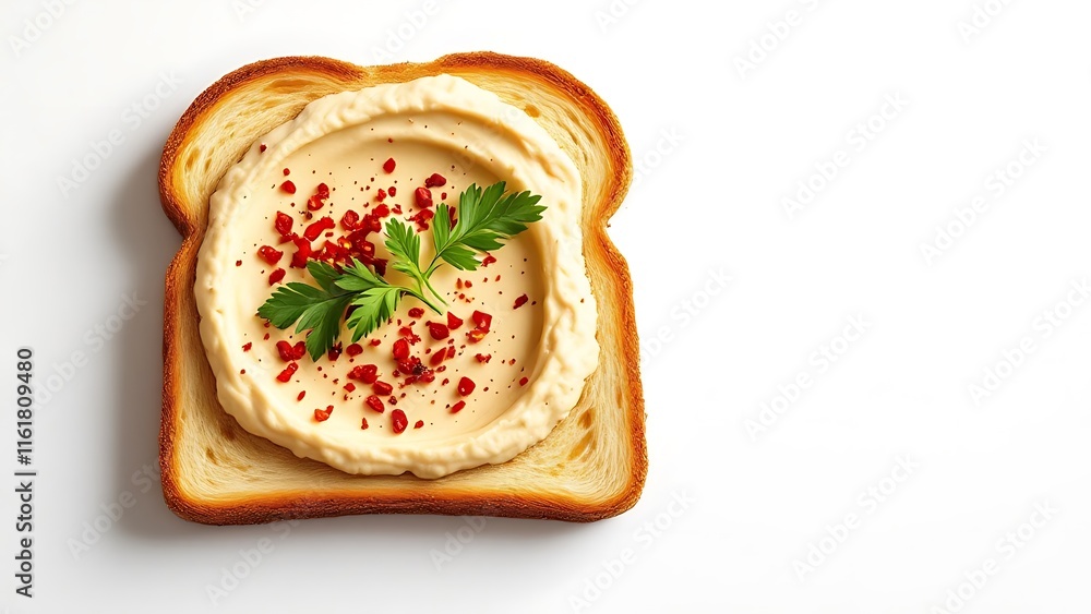 One single toast bread with creamy hummus with oil and spices isolated on white background