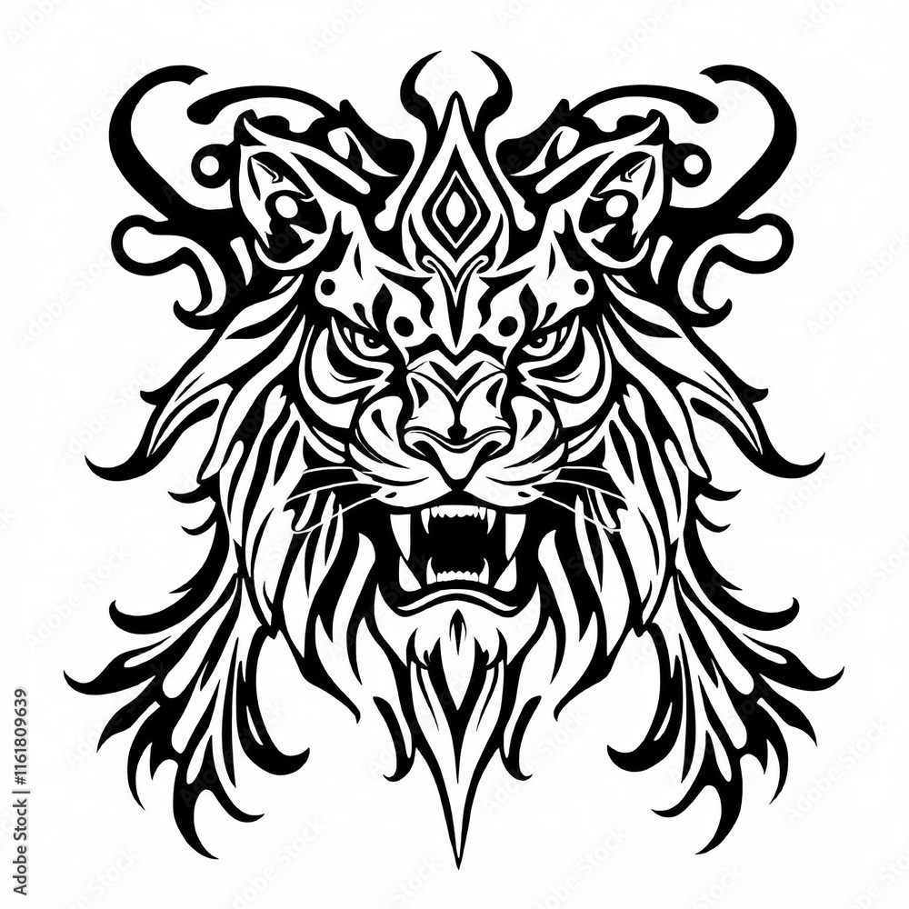 Fototapeta premium Fierce Tribal Tiger Head Black and White Tattoo Design Wild Animal Art