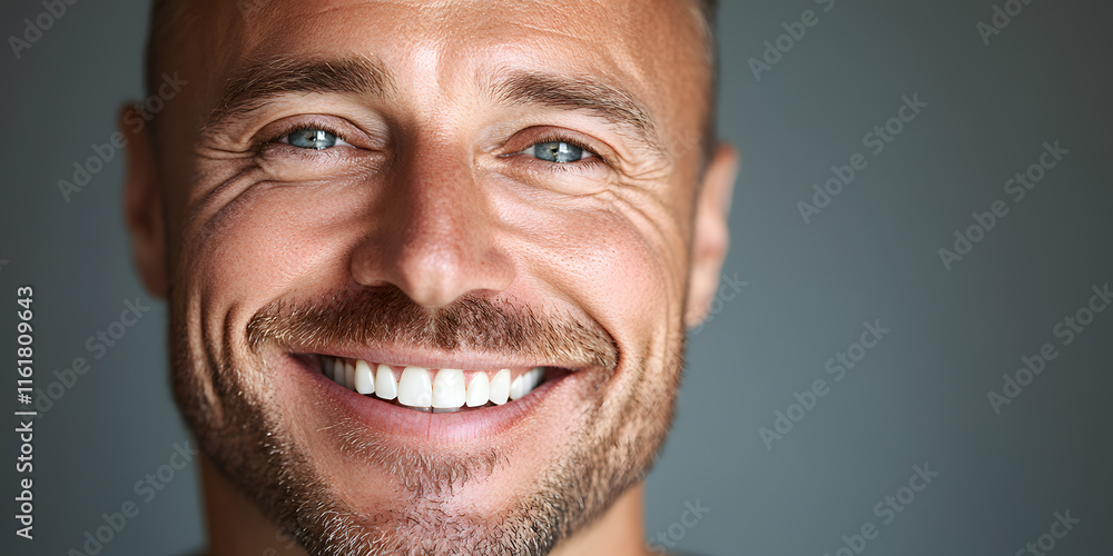 Naklejka premium Smiling Caucasian adult man close-up portrait with a warm expression on a simple background