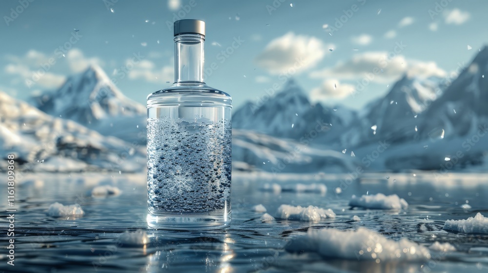 Crystal Clear Glass Bottle on Frozen Lake with Snow-Capped Mountain Peaks and Falling Snowflakes Under Blue Skybottle Crystal Clear Glass Bottle on Frozen Lake with Snow-Capped Mountain Peaks and Falling Snowflakes Under Blue Skybottle