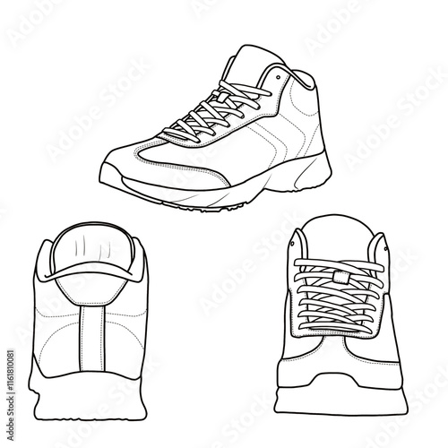 Template vector basketball shoe for men, high-top sneaker athletic. Outline vector doodle illustration, front, side, and back view. Isolated on a white background.