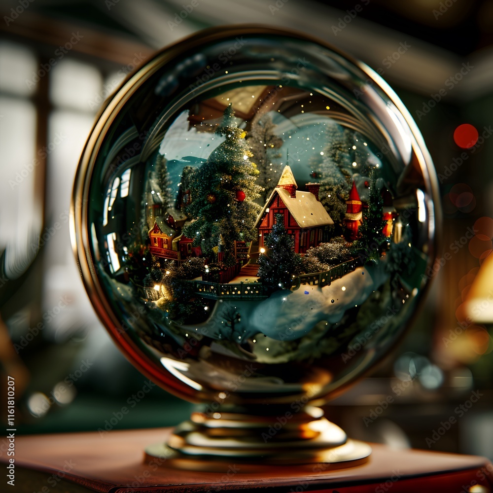 Glowing Snow Globe with Christmas Village Scene Inside Glowing Snow Globe with Christmas Village Scene Inside