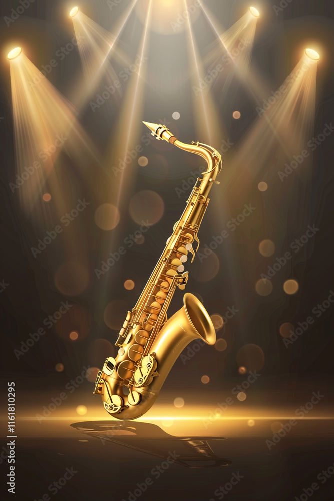 Naklejka premium Stunning golden saxophone illuminated by vibrant stage lighting effects
