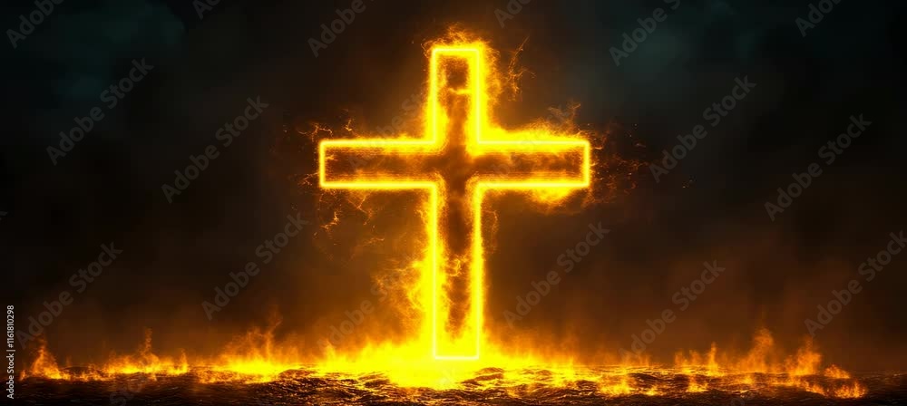 Jesus Cross symbol on burning yellow flame. Christianity religion faith worship spirituality concept. Generative video AI technology.