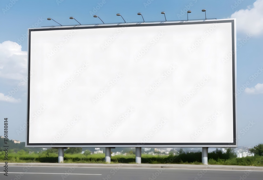 Fototapeta premium Blank white billboard with lights by a road with blue sky and clouds providing advertising space