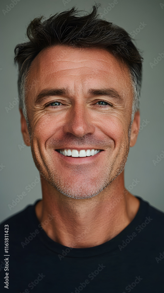 Compelling portrait of smiling Caucasian adult man with sincere expression on clean backdrop Compelling portrait of smiling Caucasian adult man with sincere expression on clean backdrop
