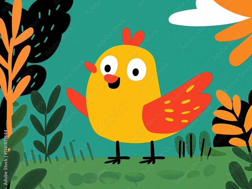 A delightful yellow bird with bright red wings flaps happily amidst lush foliage and bold orange plants, surrounded by a vivid backdrop of turquoise blue sky. A delightful yellow bird with bright red wings flaps happily amidst lush foliage and bold orange plants, surrounded by a vivid backdrop of turquoise blue sky.