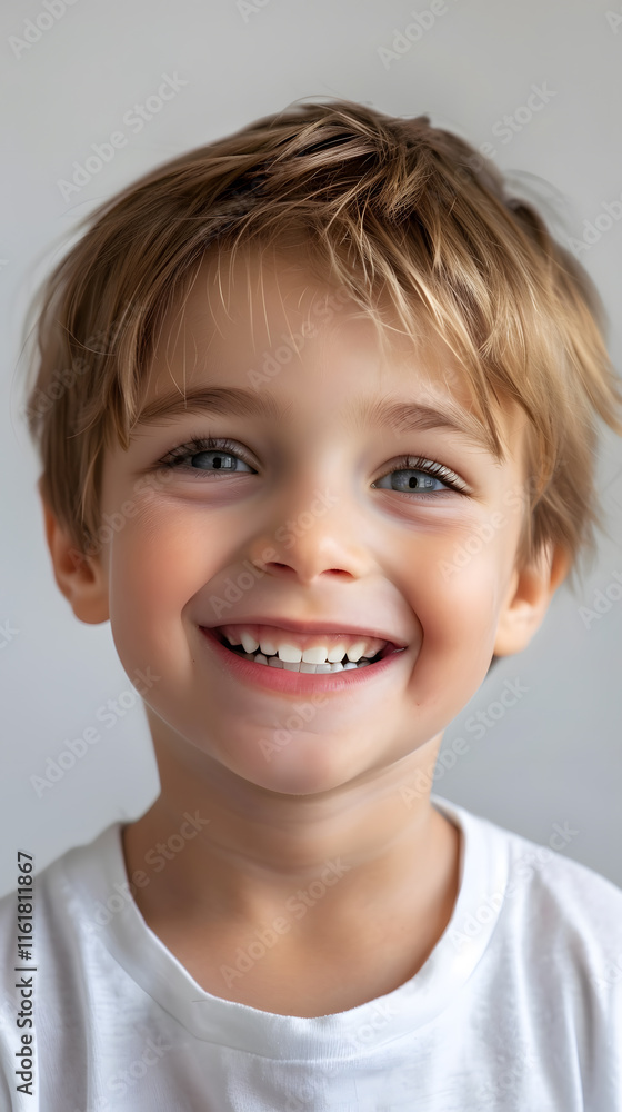 Happy Caucasian child boy portrait with a wide joyful smile and gleaming eyes on a clean backdrop Happy Caucasian child boy portrait with a wide joyful smile and gleaming eyes on a clean backdrop