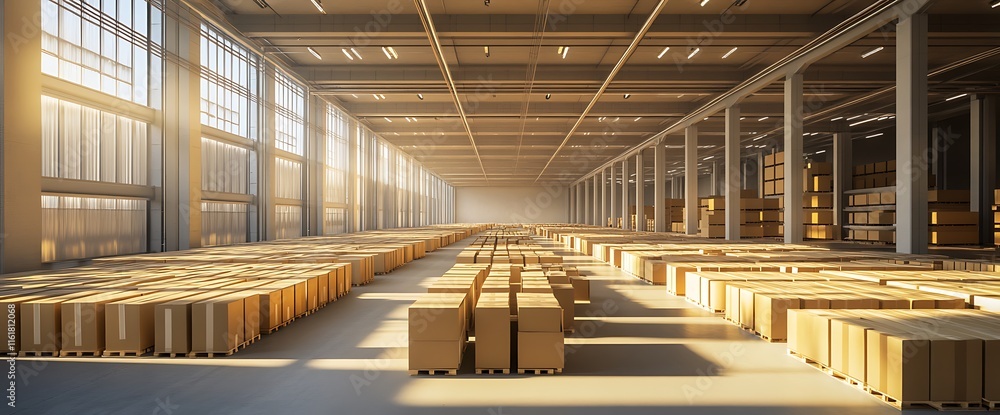 Spacious warehouse filled with stacked cardboard boxes and natural light. Spacious warehouse filled with stacked cardboard boxes and natural light.