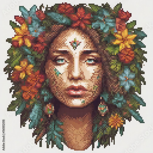 Cute pixel art cross stitch of a woman with floral hair accessories.