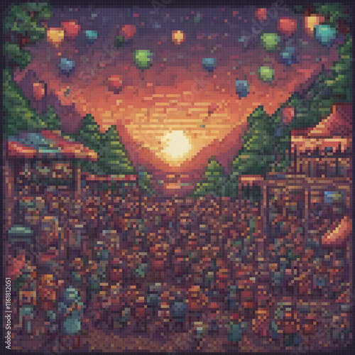 Pixel art screenshot with a serene sunset backdrop in a video game.