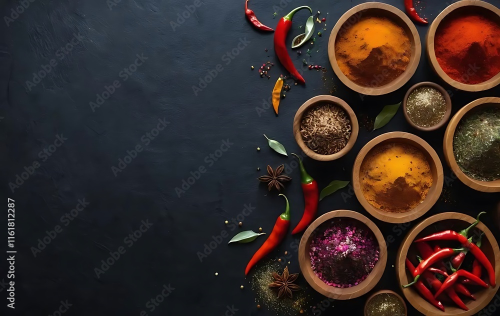 Aromatic Spices and Chili Peppers Arranged Artistically Aromatic Spices and Chili Peppers Arranged Artistically
