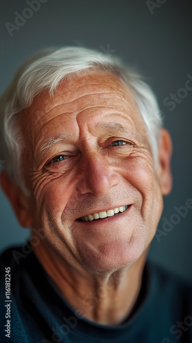 Engaging portrait of smiling Caucasian elder man with serene expression on clean backdrop