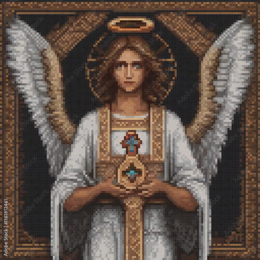Obraz premium Angelic cross stitch artwork featuring a serene angel holding a cross.