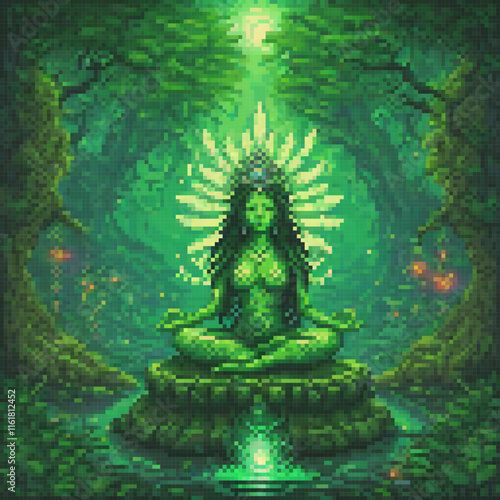 Woman in lotus pose amidst forest, pixel art style.