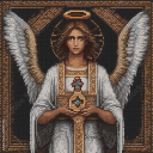 Angelic cross stitch artwork featuring a serene angel holding a cross.