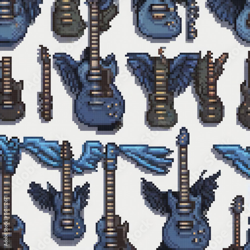 Blue guitar with wings, pixel art style on a pristine white backdrop.